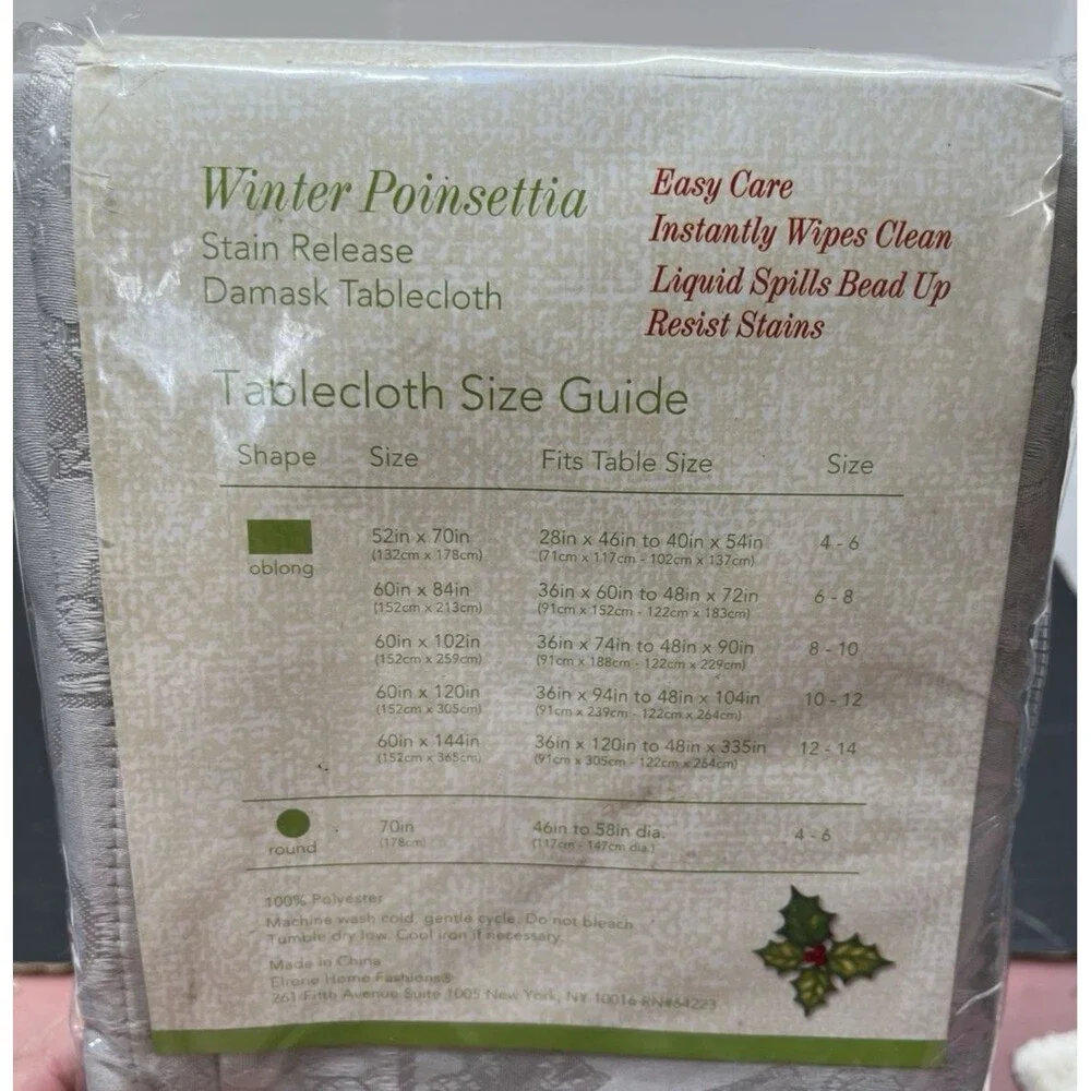 Winter Poinsettia Stain Release Damask Tablecloth Oblong 52in x 70in Holiday